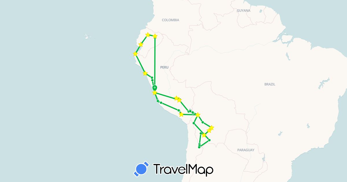 TravelMap itinerary: driving, bus in Bolivia, Ecuador, Peru (South America)